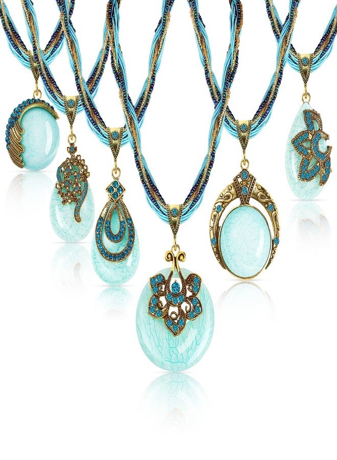 Inbagi 6 Pieces Women Bohemian Necklaces Turquoise Statement Valentine Necklaces Gifts Boho Twist Woven Rope Chunky Chain Turquoise Rhinestone Pendant Jewelry Vintage Collar Necklace for Ladies - Image 1