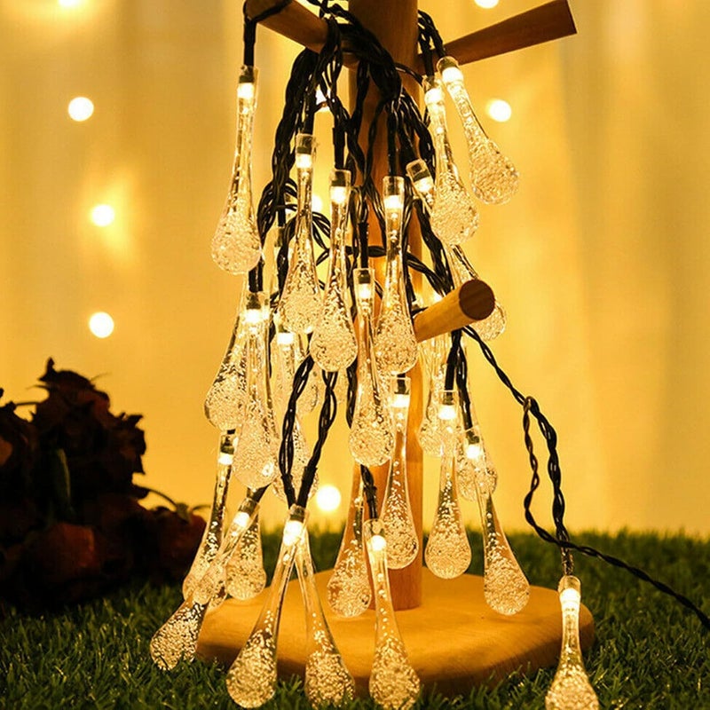 Solar Garden String Lights Outdoor 30LED Solar Crystal Raindrop Fairy Lights, 4.8M Waterproof