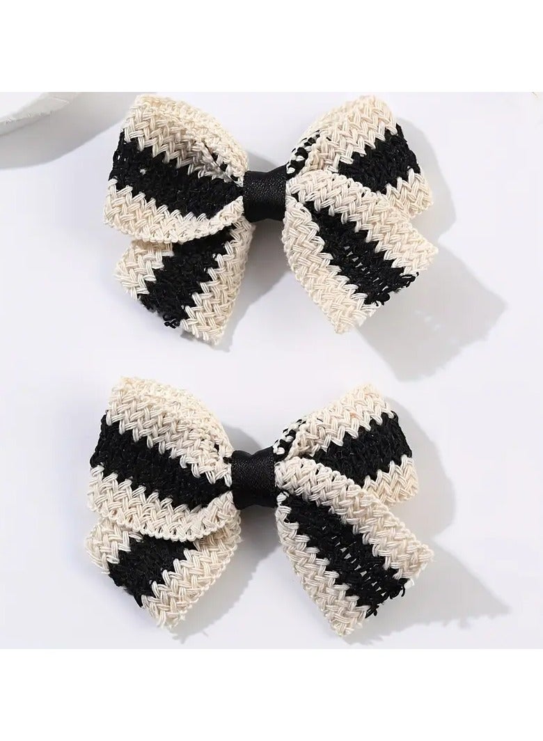 Goolsky 2pcs Handcrafted Girl Knit Hair Bows - Chic Black & White Color Block, 7.98cm Alligator Clip Barrettes, Polyester, Ideal for School & Daily Wear, Alligator Hair Clips - Image 2