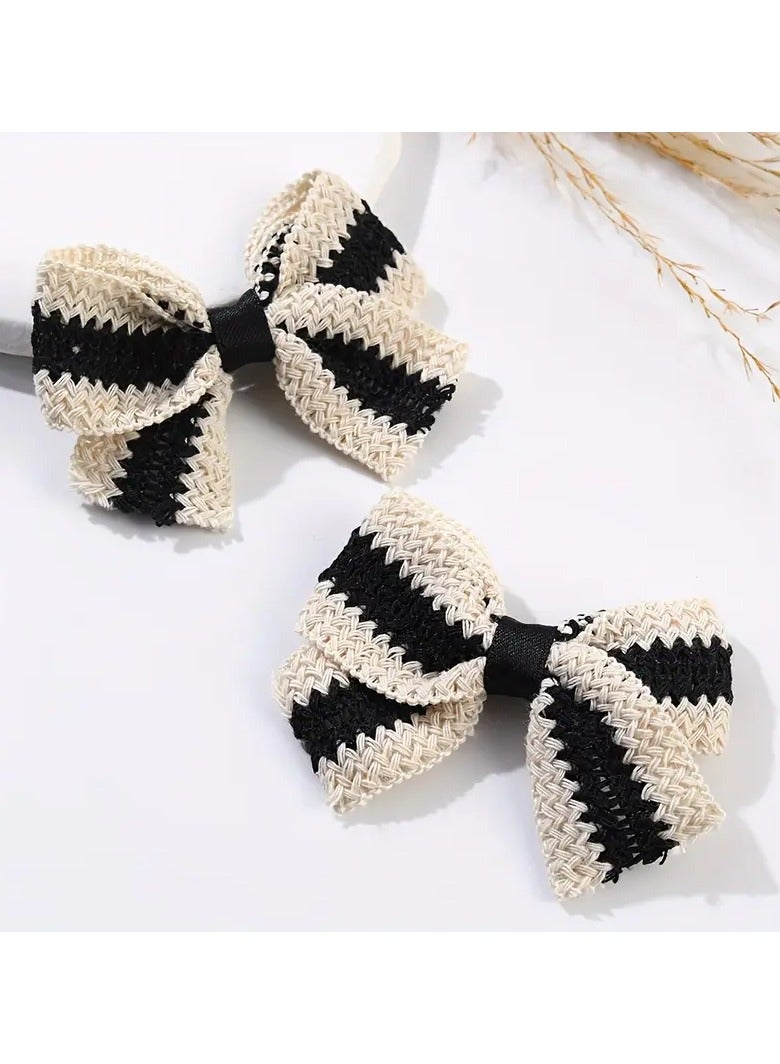 Goolsky 2pcs Handcrafted Girl Knit Hair Bows - Chic Black & White Color Block, 7.98cm Alligator Clip Barrettes, Polyester, Ideal for School & Daily Wear, Alligator Hair Clips - Image 5