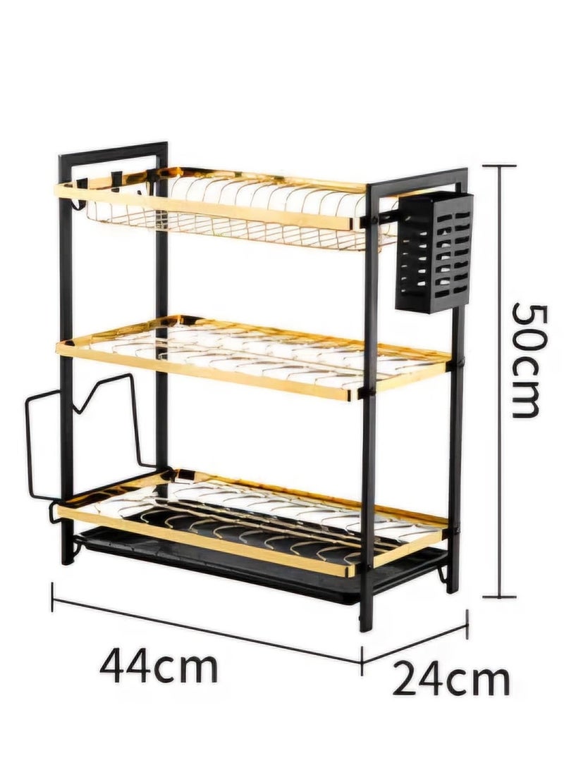 Beauenty Dish Drying Rack, 3-Tier Dish Rack Set, Dish Rack with Water Drainer and Knife Holder, Kitchen Drainer for Cutting Board Holder Dish Drying Rack for Countertop (3-Tier Black+Gold)  - Image 2