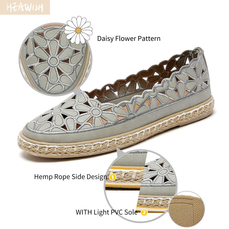 HEAWISH Womenâ€™s Ballet Flat Daisy Round Toe Dress Shoes Casual Slip On Rope Loafer(Grey, US7) - Image 4
