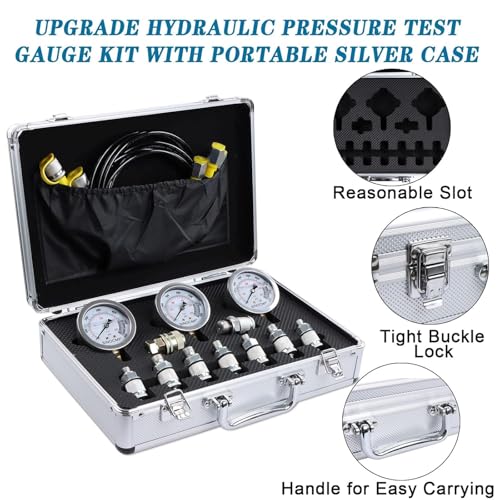 SINOCMP Hydraulic Pressure Test Kit with 3 Gauges 25/40/60 Mpa, 9 Couplings, 3 Test Hoses, Hydraulic Gauge Tester Set for Excavator Construction Machinery - Image 2