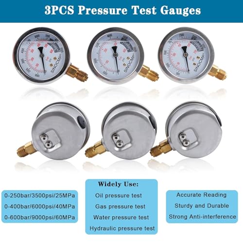 SINOCMP Hydraulic Pressure Test Kit with 3 Gauges 25/40/60 Mpa, 9 Couplings, 3 Test Hoses, Hydraulic Gauge Tester Set for Excavator Construction Machinery - Image 5