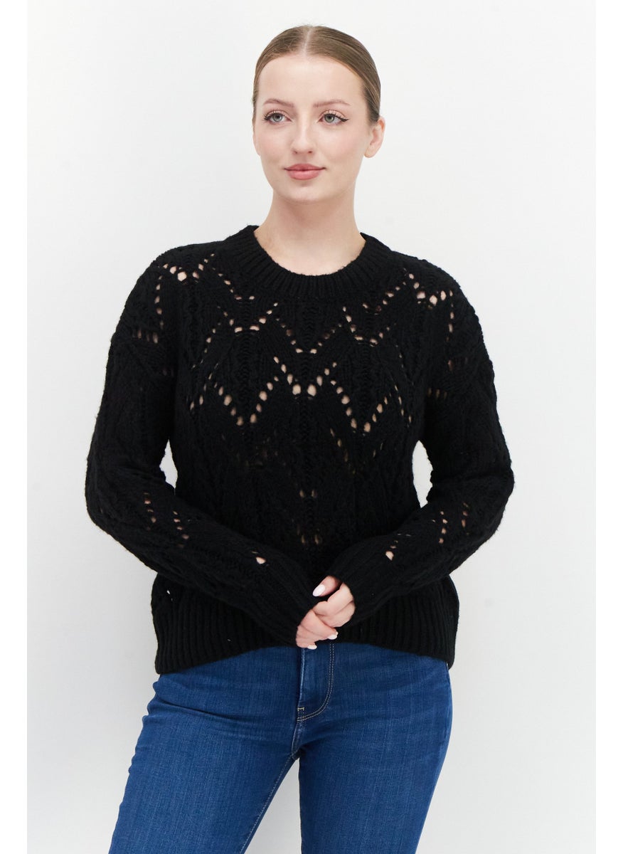EDC Women Round Neck Crochet Sweater, Black  - Image 1