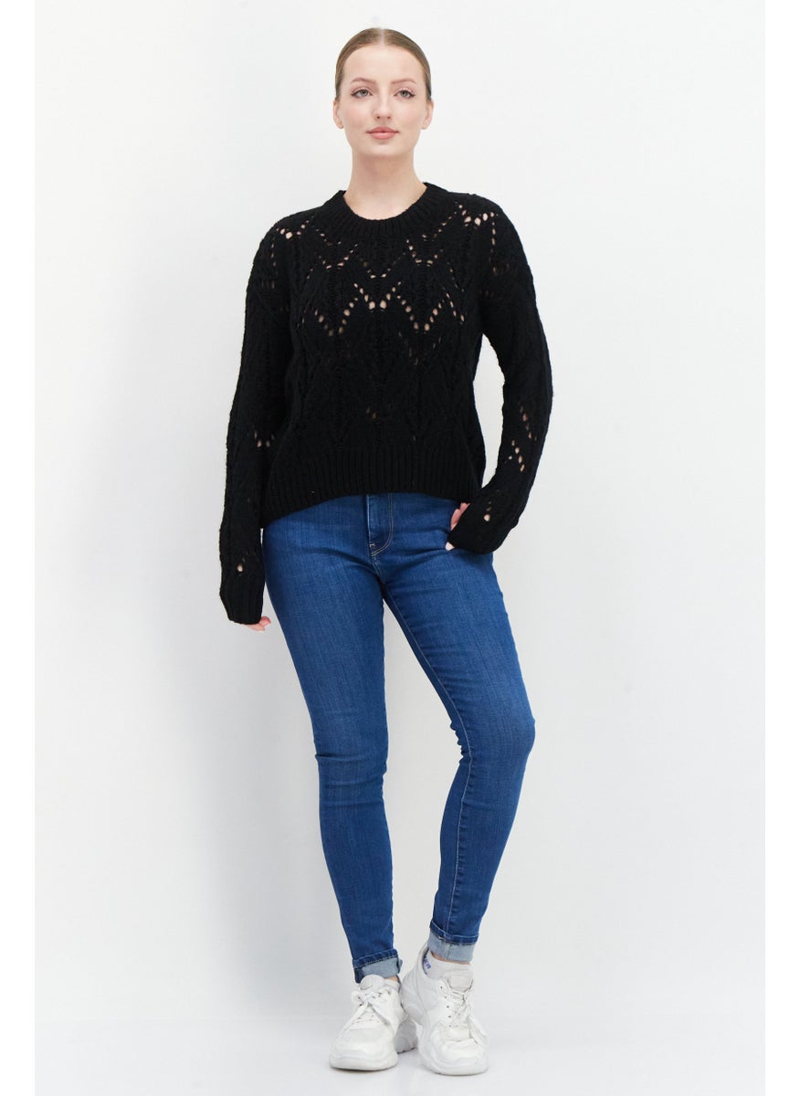 EDC Women Round Neck Crochet Sweater, Black  - Image 2