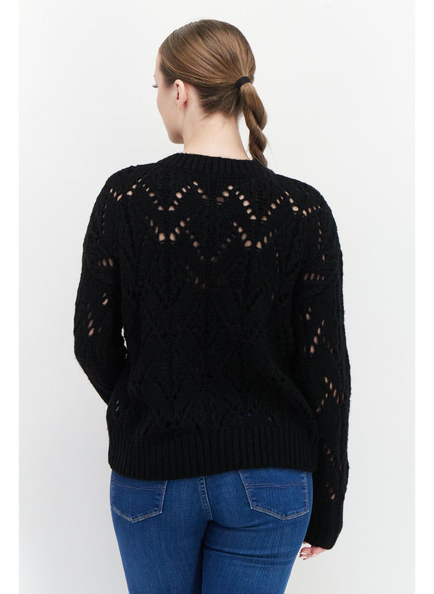 EDC Women Round Neck Crochet Sweater, Black  - Image 4