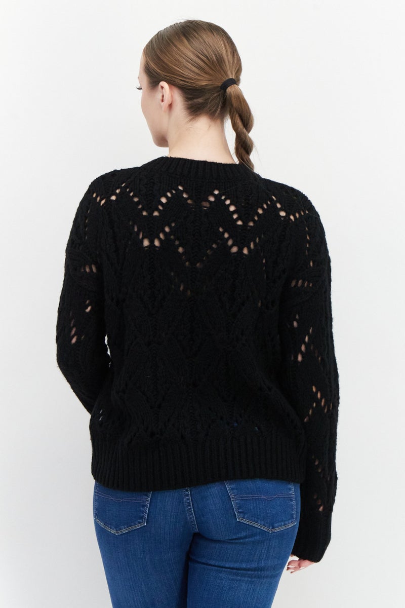 EDC Women Round Neck Crochet Sweater, Black - Image 4