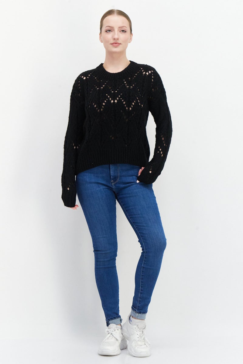 EDC Women Round Neck Crochet Sweater, Black - Image 2