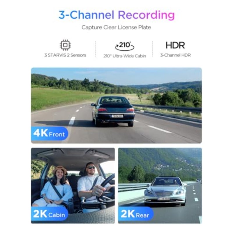 A329S 4K 3 Channel Dash Cam, 4K Front + 2K Cabin Fisheye 210° + 2K Rear, Power Saving Parking Mode, Wi-Fi 6 App Control, All-Channel STARVIS 2 Sensors, Supports up to 4TB SSD Storage - Image 2