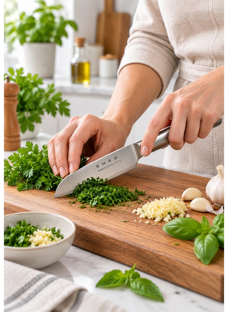 SMEG 8cm 3 Inch Vegetable Knife with German Steel 1.4116 Blade – Compact Multipurpose Kitchen Prep Knife for Cutting, Slicing, Preparing and Peeling Vegetables, Fruits, Garlic, Herbs and Small Ingredients, Small Utility Knife for Salads, Meal Prep and Everyday Cooking - Image 4