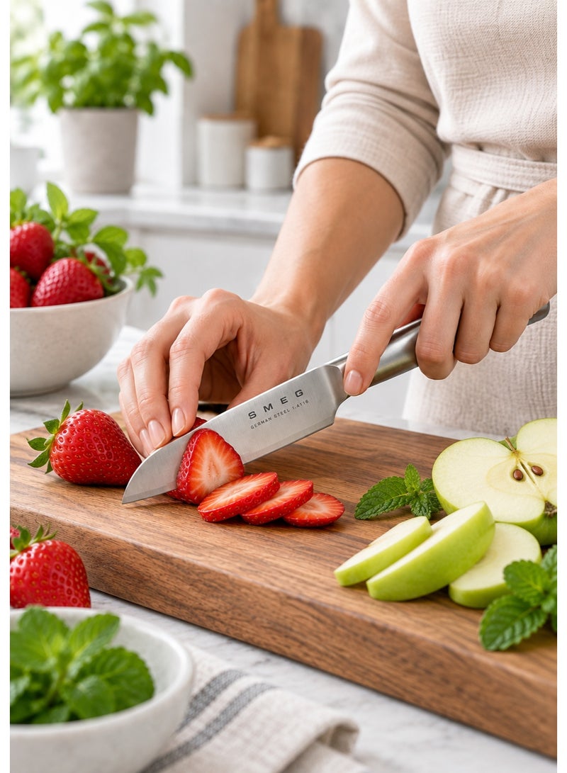 SMEG 8cm 3 Inch Vegetable Knife with German Steel 1.4116 Blade – Compact Multipurpose Kitchen Prep Knife for Cutting, Slicing, Preparing and Peeling Vegetables, Fruits, Garlic, Herbs and Small Ingredients, Small Utility Knife for Salads, Meal Prep and Everyday Cooking - Image 3