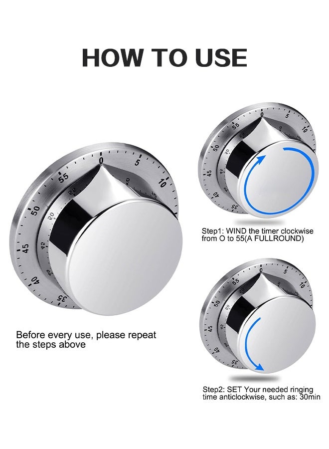 Sweet Life Kitchen Timer, Chef Cooking Timer Clock with Loud Alarm, No Batteries Required, 100% Mechanical - Magnetic Backing, Exquisite Stainless Steel Body - Countdown Reminder - Silver 1Pack - Image 4