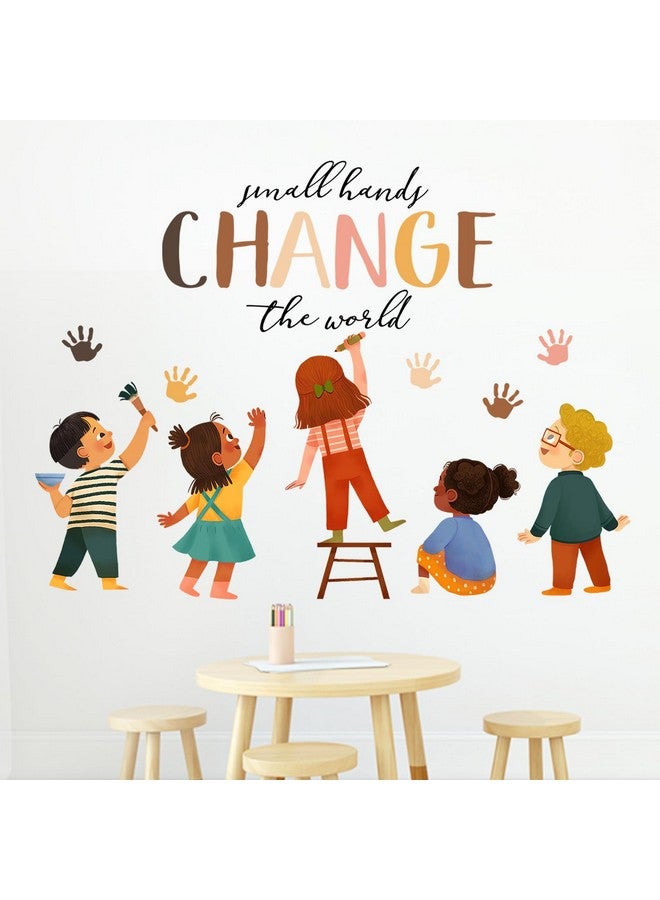 Mfault Small Hands Change The World Equality Wall Decals Stickers, Inspirational Quote Diversity Handprint Nursery Classroom Decorations Kids Bedroom Art, Toddlers Room Preschool Daycare Library Decor - Image 1
