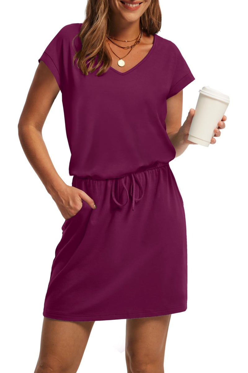 OFEEFAN Summer Dresses for Women 2025 Casual V Neck Short Sleeve T Shirts Tie Front A-Line Dress Sundresses with Pockets Purplish Red S - Image 1