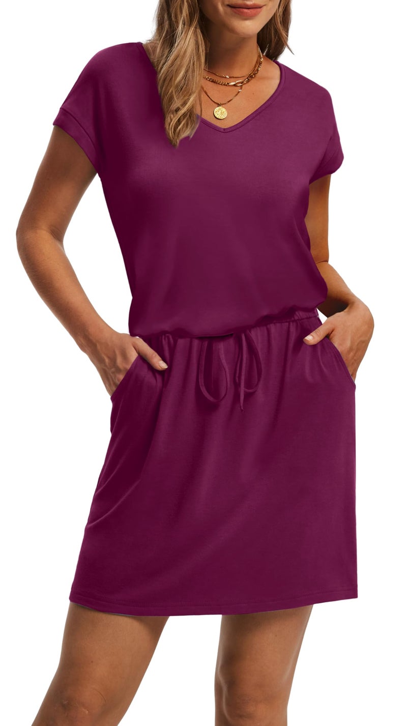 OFEEFAN Summer Dresses for Women 2025 Casual V Neck Short Sleeve T Shirts Tie Front A-Line Dress Sundresses with Pockets Purplish Red S - Image 3