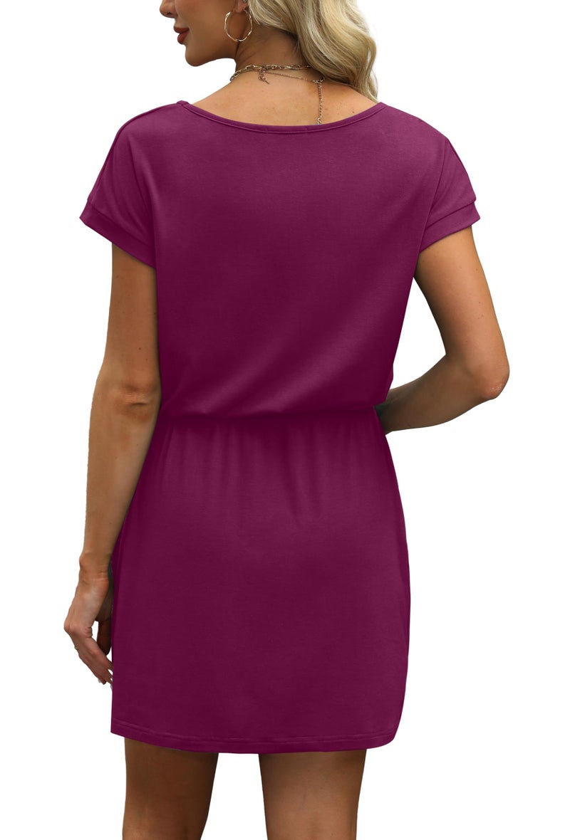 OFEEFAN Summer Dresses for Women 2025 Casual V Neck Short Sleeve T Shirts Tie Front A-Line Dress Sundresses with Pockets Purplish Red S - Image 5