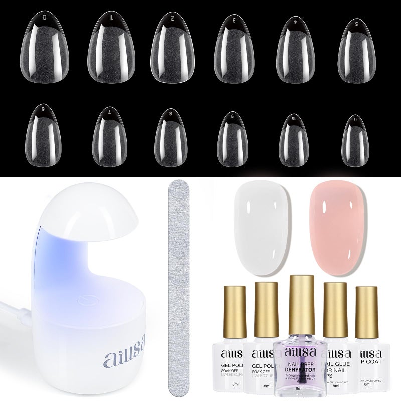 AILLSA Gel Nail Kit Short Almond Nail Tips 240pcs with 2 In 1 Nail Glue Base Coat and Nail Dehydrator Gel Full Nail Kit with Nail Lamp Top Coat for Starters Home Salon Valentines Day