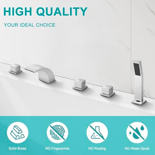 SKOWLL Waterfall Bathtub Faucet Deck Mount Tub Filler with Sprayer Polished Chrome 5-Hole Set with LED Spout and Handheld Shower - Image 5