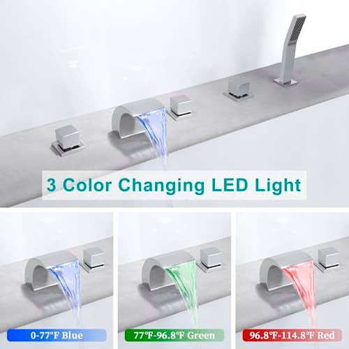SKOWLL Waterfall Bathtub Faucet Deck Mount Tub Filler with Sprayer Polished Chrome 5-Hole Set with LED Spout and Handheld Shower - Image 4