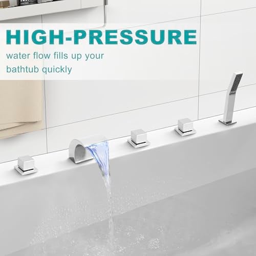 SKOWLL Waterfall Bathtub Faucet Deck Mount Tub Filler with Sprayer Polished Chrome 5-Hole Set with LED Spout and Handheld Shower - Image 3