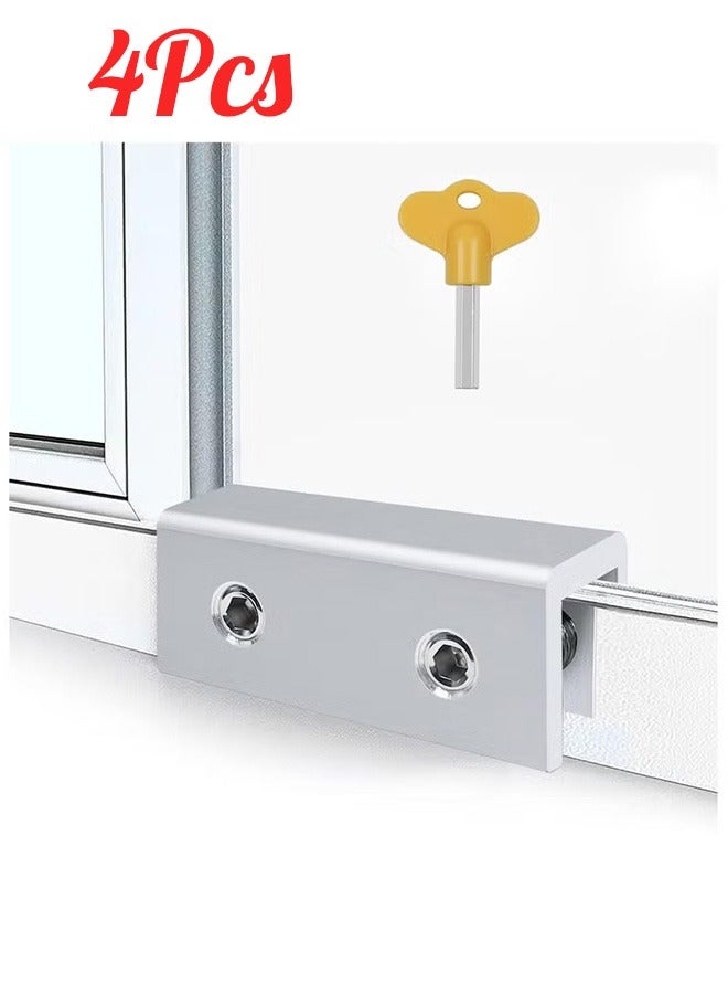 Bukela 4 Sets Sliding Window Locks with Key, Window Locks, Aluminum Alloy Window Security Locks, Adjustable Security Window, Window Stoppers Aluminum (Silver)  - Image 1