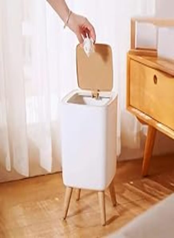 10L White Plastic Trash Can with Automatic Press Lid and Removable Legs, Square Design, Easy to Use, Compact, High Quality Materials, Multi Purpose, Ideal for Home, Office, Dorm 