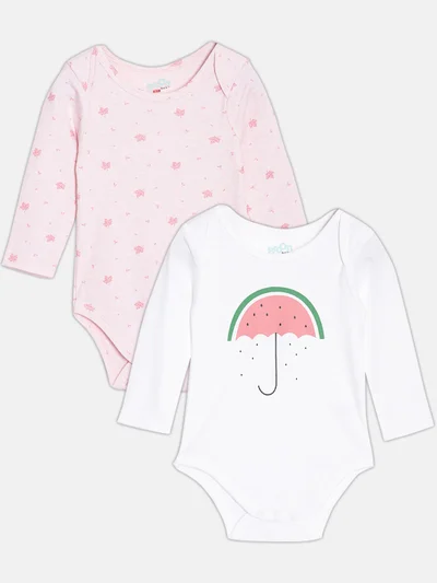 Broon Broon Infant Girls Pink and White Printed Pure Organic Cotton Bodysuit Pack of 2