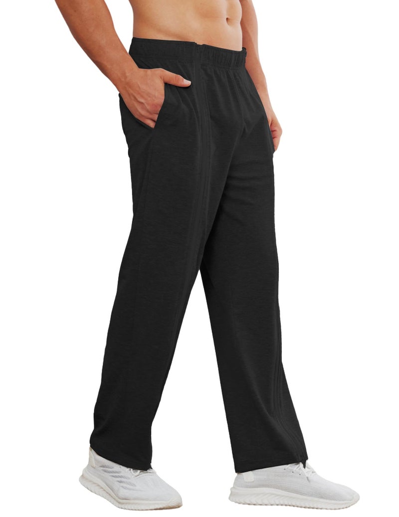 Deyeek Mens Wide Leg Zipper Sweatpants Open Bottom Warm Up Pants Cotton Break Away Catheter Pants Post Knee Surgery Pants Black - Image 5
