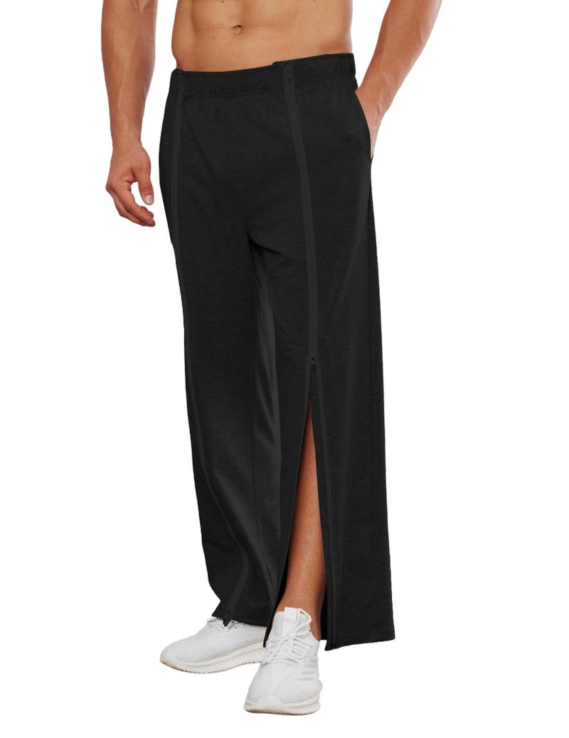 Deyeek Mens Wide Leg Zipper Sweatpants Open Bottom Warm Up Pants Cotton Break Away Catheter Pants Post Knee Surgery Pants Black - Image 1
