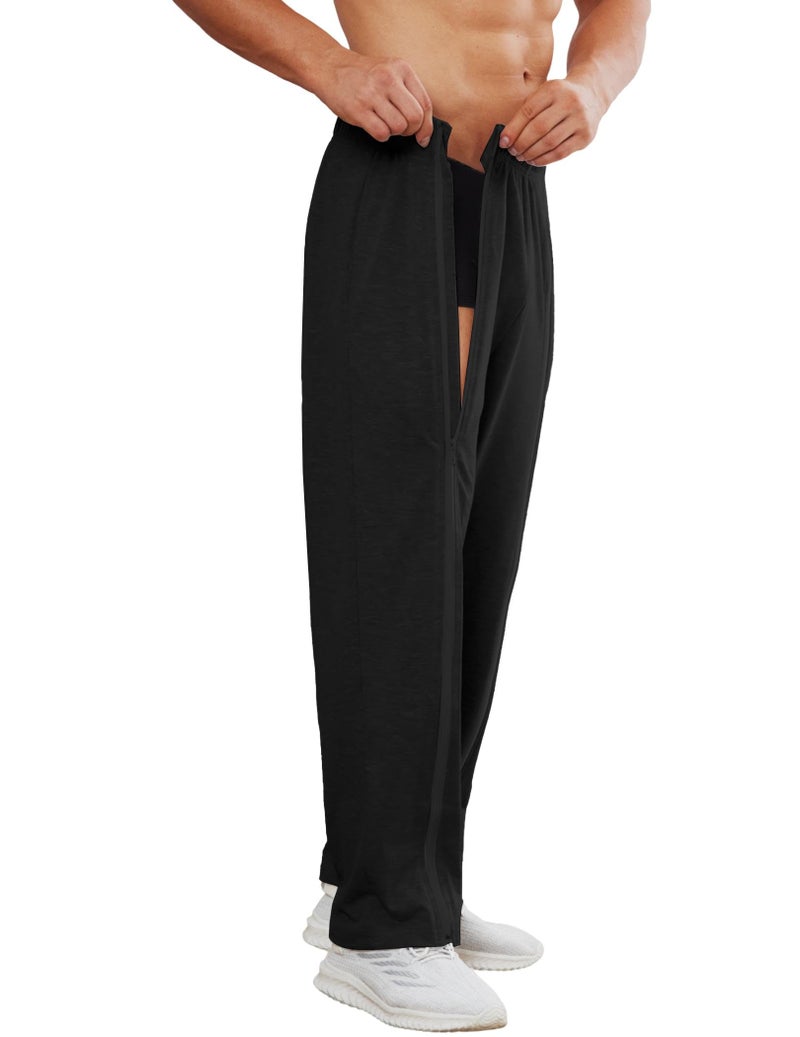 Deyeek Mens Wide Leg Zipper Sweatpants Open Bottom Warm Up Pants Cotton Break Away Catheter Pants Post Knee Surgery Pants Black - Image 2