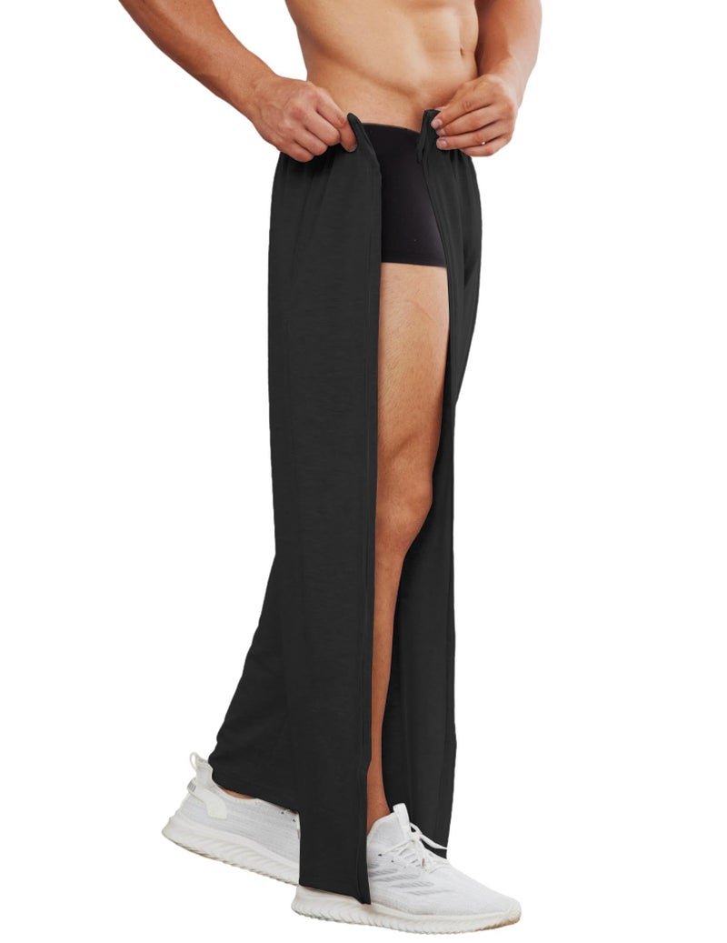 Deyeek Mens Wide Leg Zipper Sweatpants Open Bottom Warm Up Pants Cotton Break Away Catheter Pants Post Knee Surgery Pants Black - Image 4