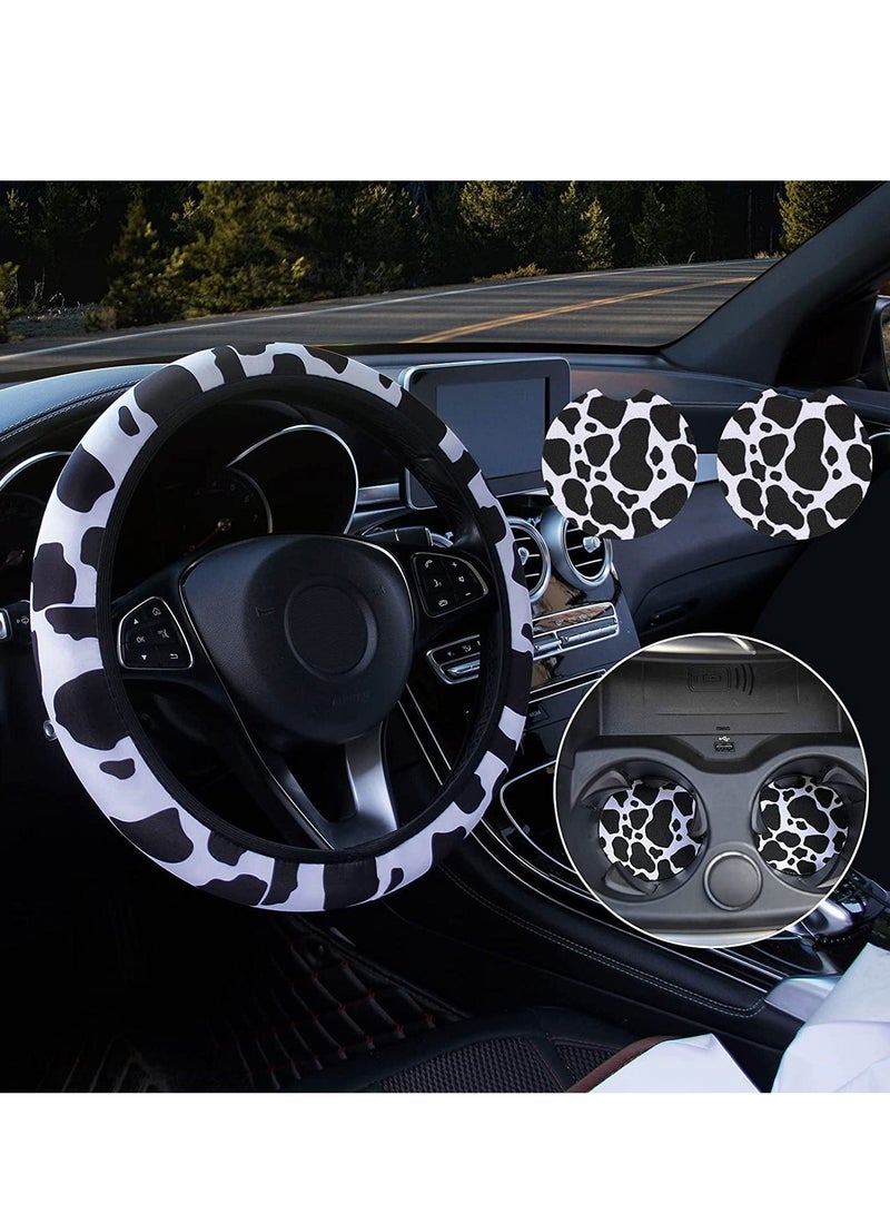 SYOSI Steering Wheel Cover with 2PCS Car Coasters Universal 14.5-15 inches Cow Print Teering Fashion Non-Slip Grip Auto - Image 1