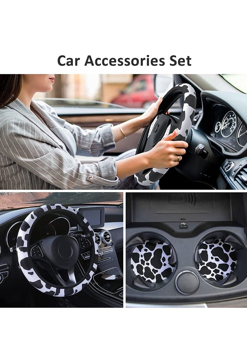 SYOSI Steering Wheel Cover with 2PCS Car Coasters Universal 14.5-15 inches Cow Print Teering Fashion Non-Slip Grip Auto - Image 3