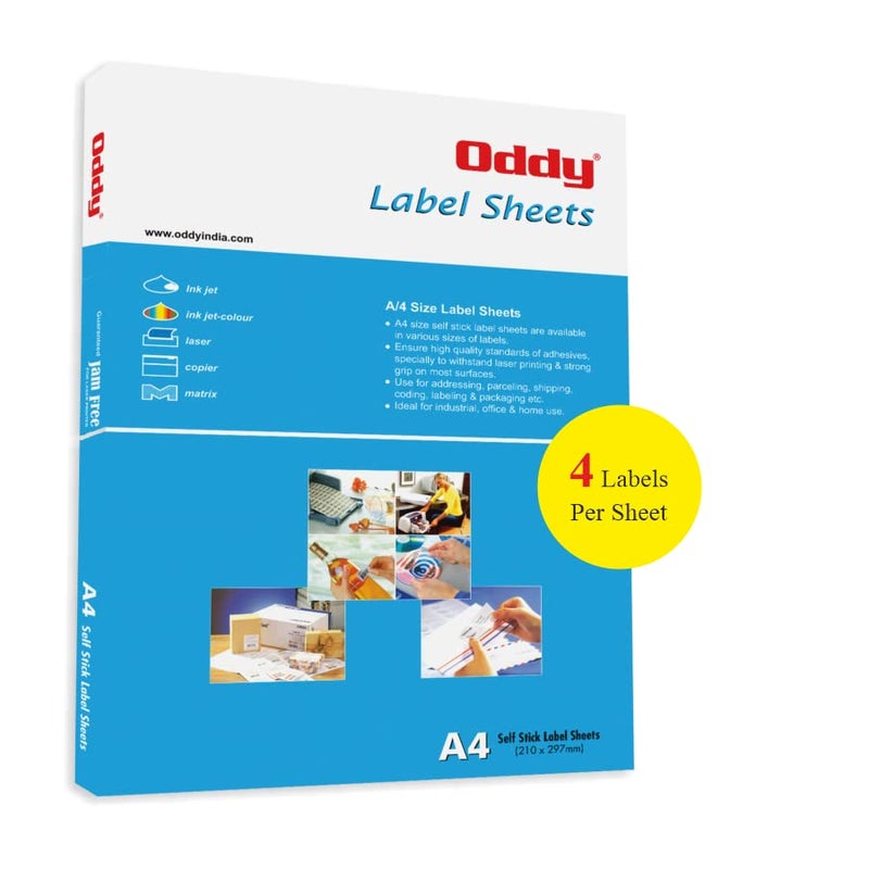 Oddy A4 Self Adhesive Paper Label Stickers for Laser & Inkjet Printers - 4 Labels per Sheet - Pack of 100 Sheets, for Shipping, Address, Folders, Industrial use - Image 1
