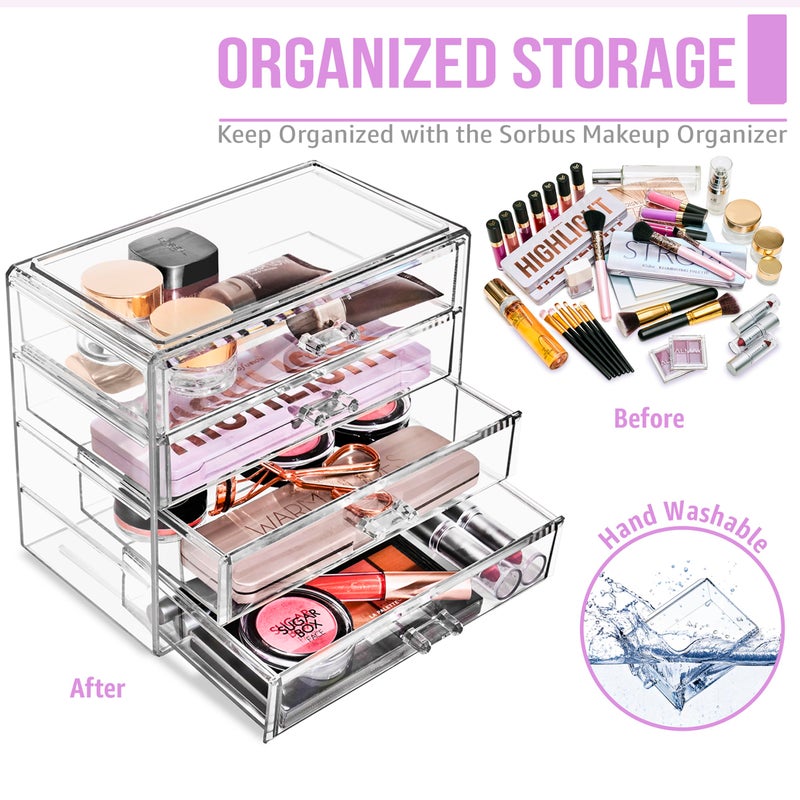Sorbus Acrylic Makeup Organizer Set, 4-Drawer Vanity & Countertop Cosmetic Storage with Wide Drawers, Clear Makeup Storage for Brushes, Lipsticks, Jewelry â€“ Holiday Gift for Women & Teens - Image 5