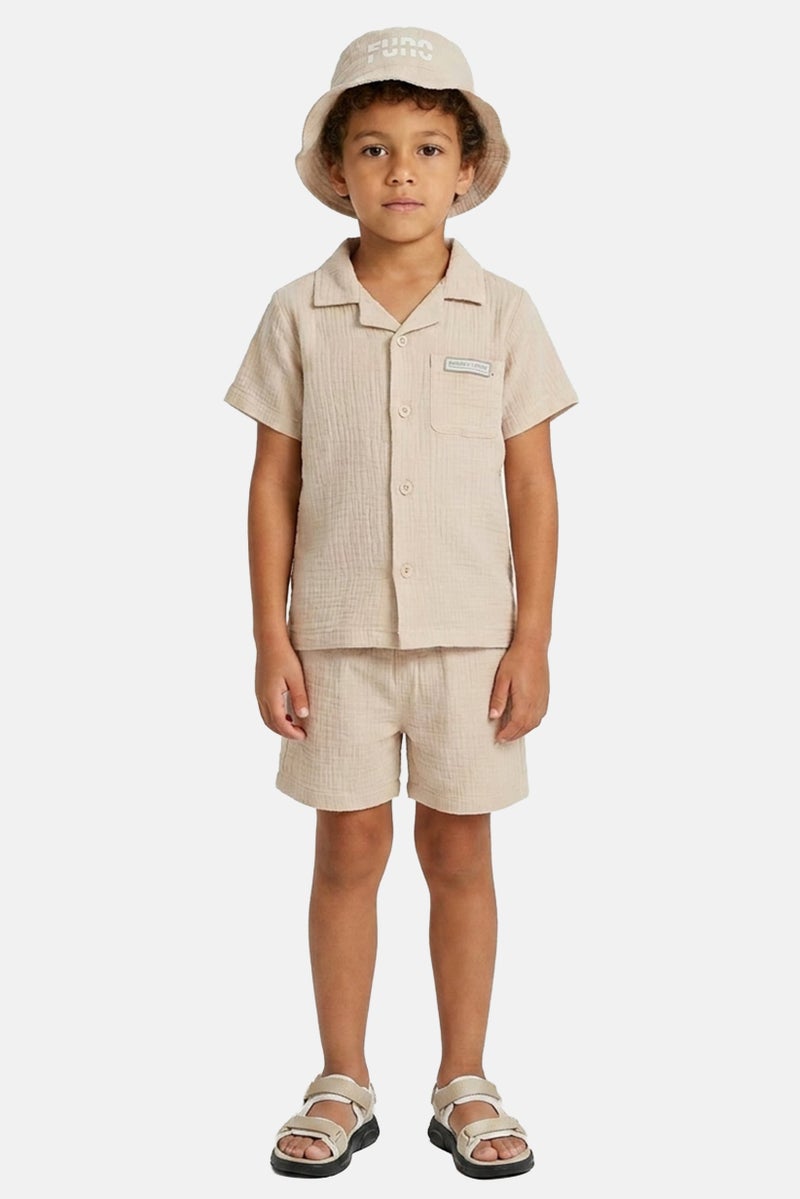 Fudo Kids Boy 3 Pieces Brand Logo Shirt And Shorts With Hat Set, Beige - Image 1