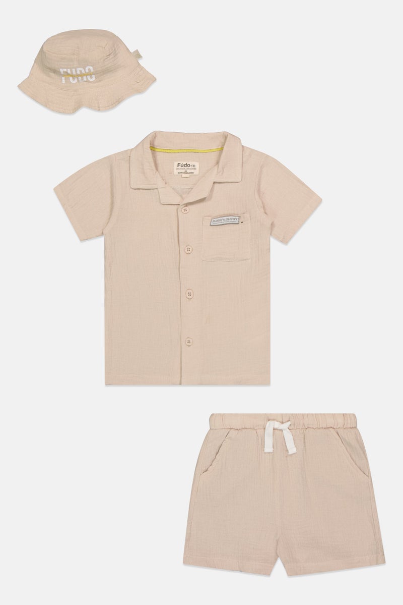 Fudo Kids Boy 3 Pieces Brand Logo Shirt And Shorts With Hat Set, Beige - Image 2