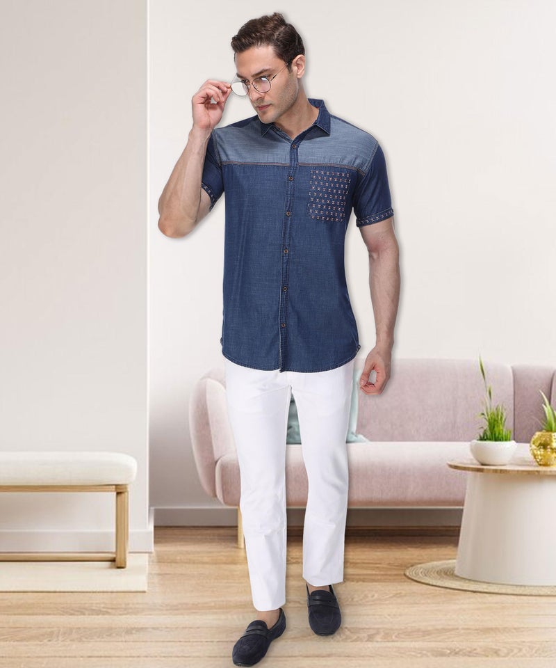 Kuons Avenue Men's Tailored Fit Half Sleeve Casual Denim Shirt | Half Sleeves Shirt for Men (KACLHS1190M_ Carbon Blue_Medium) - Image 3