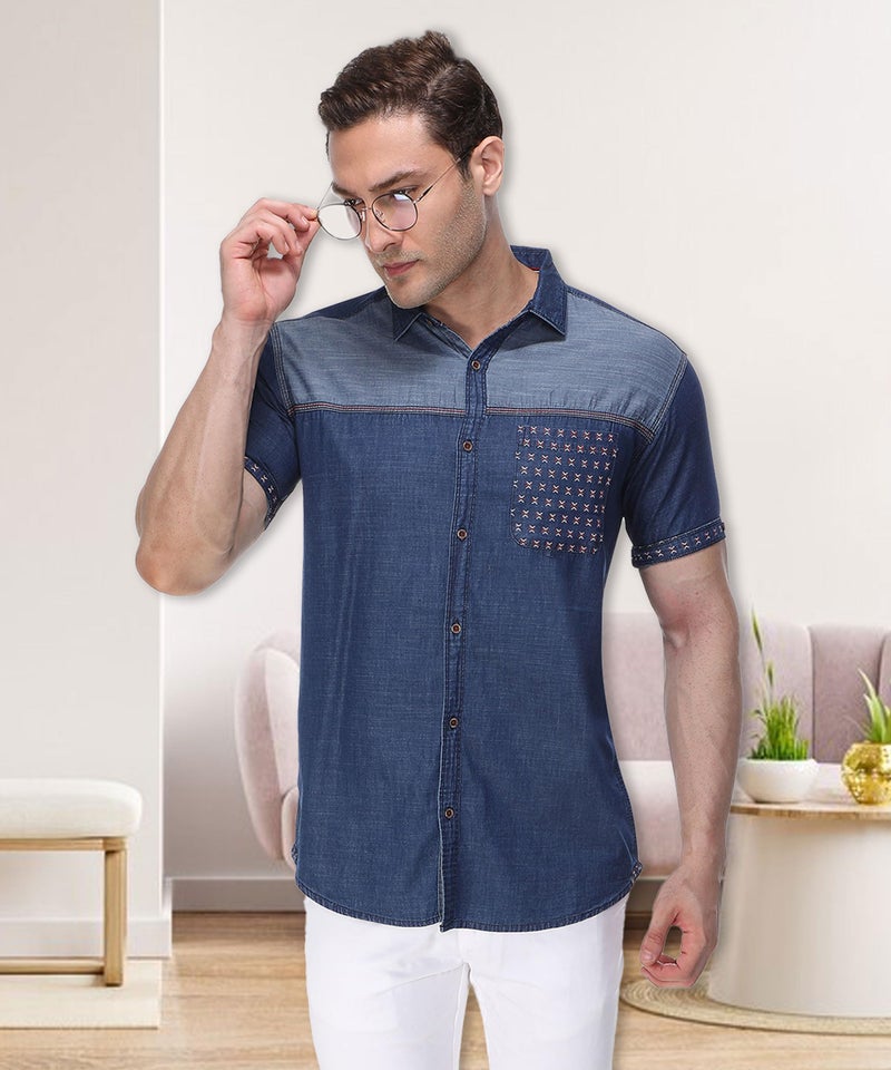 Kuons Avenue Men's Tailored Fit Half Sleeve Casual Denim Shirt | Half Sleeves Shirt for Men (KACLHS1190M_ Carbon Blue_Medium) - Image 4