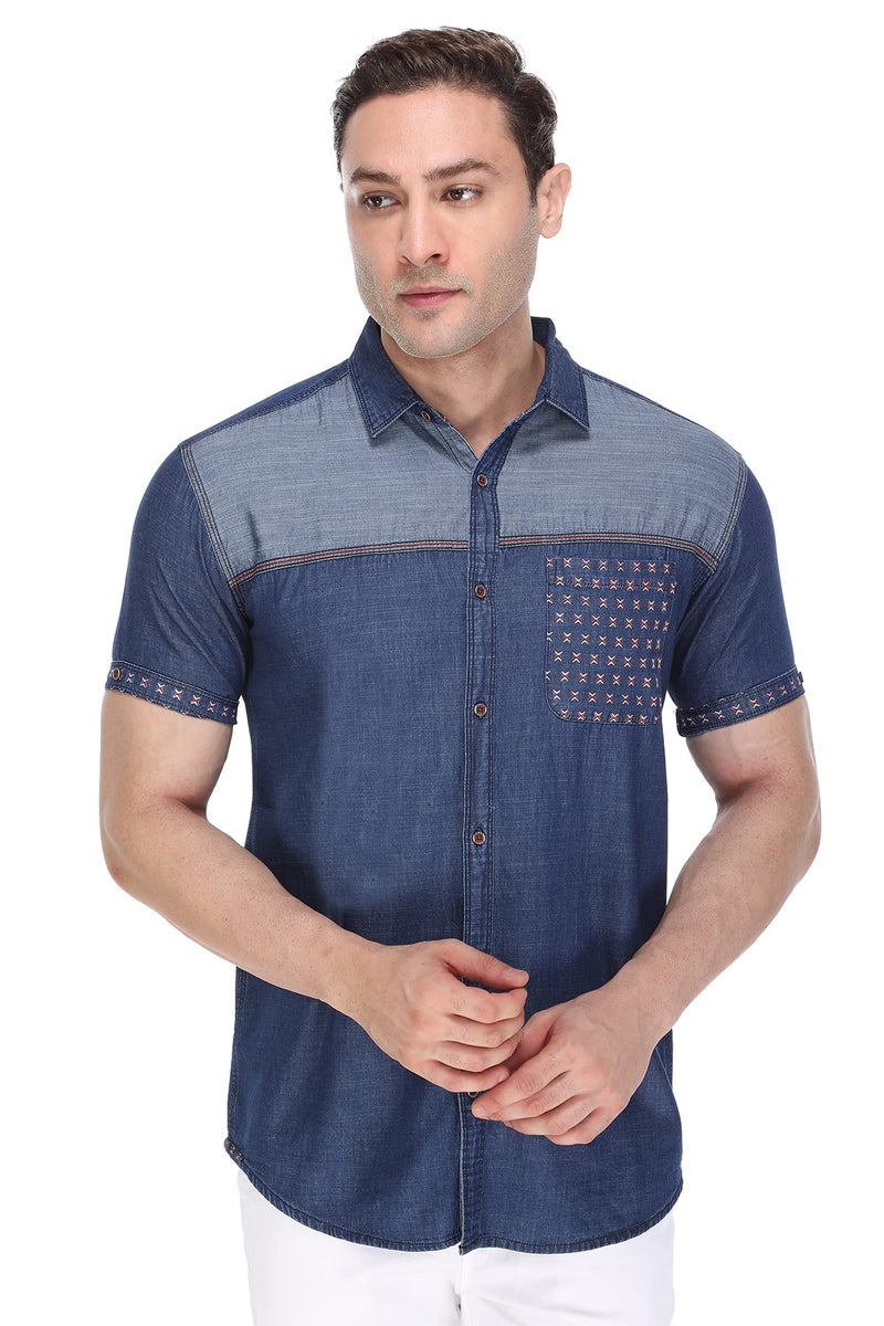 Kuons Avenue Men's Tailored Fit Half Sleeve Casual Denim Shirt | Half Sleeves Shirt for Men (KACLHS1190M_ Carbon Blue_Medium) - Image 1
