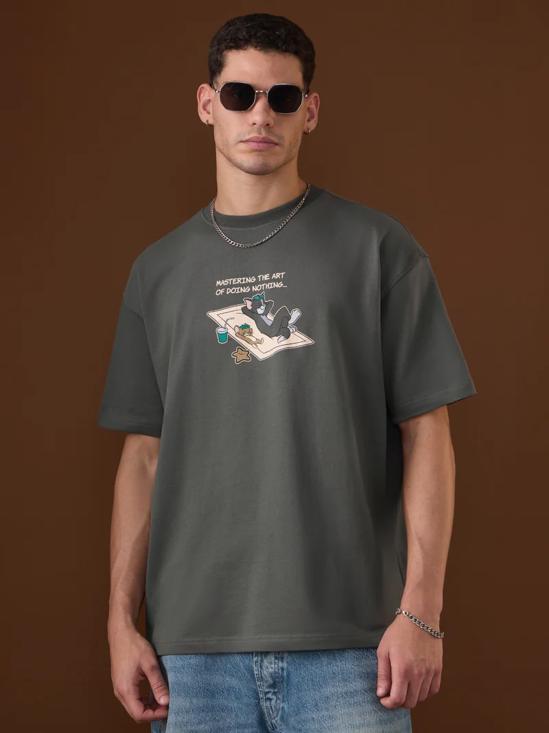 ذا سوليد ستور The Souled Store Men Tom & Jerry Grey Graphic Oversized T-Shirts