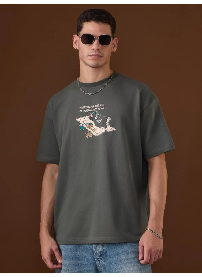 The Souled Store The Souled Store Men Tom & Jerry Charcoal Graphic Oversized T-Shirts