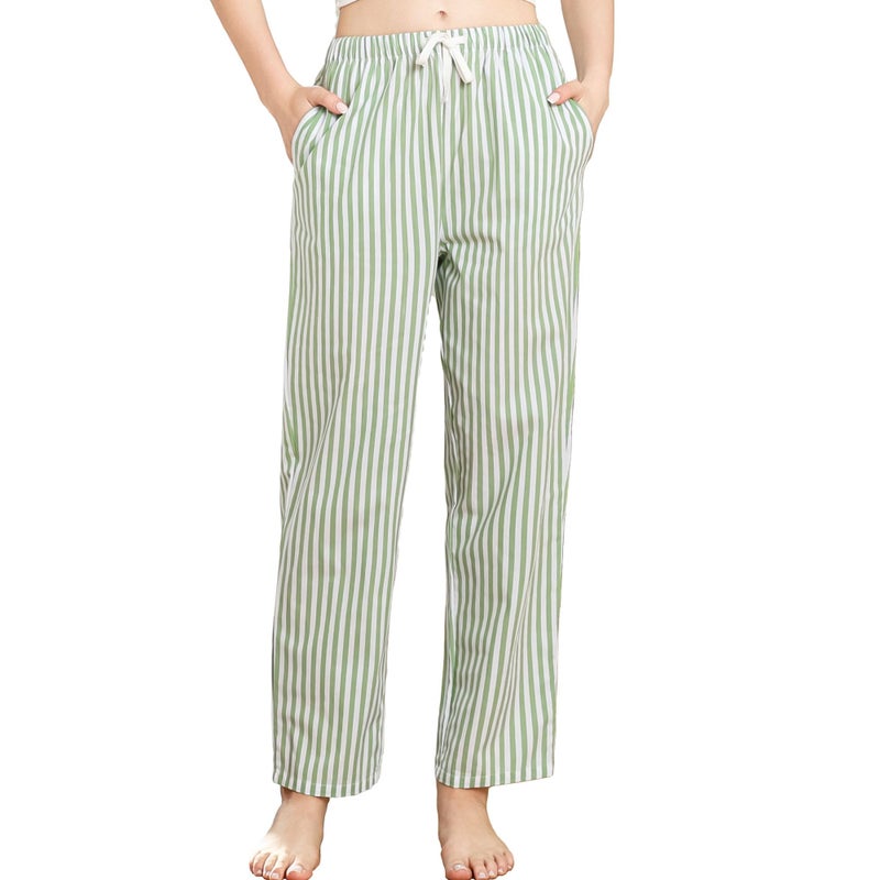 U2SKIIN Womens Striped 100% Cotton Pajama Pants, Soft Lounge Pj Bottoms with Pockets Lightweightï¼ˆGREEN WHITE STRIPE,M - Image 1