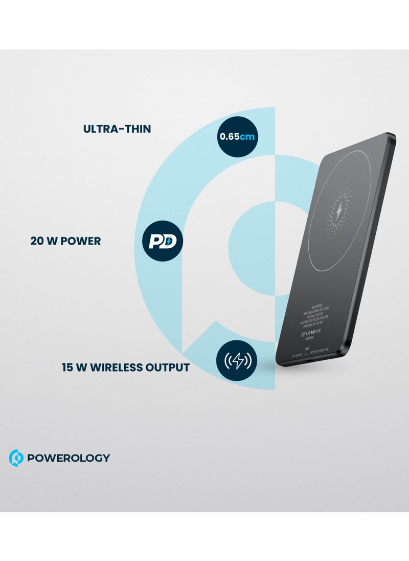 Powerology - Ultra-Thin 5000mAh Magsafe Power Bank /15W Wireless Charger Portable Powerbank 5000 mAh/20W Type-C Charging/ Built-in Safeguards / Strong Magnets / Fast Charging / Type-C In/Out - Grey - Image 1