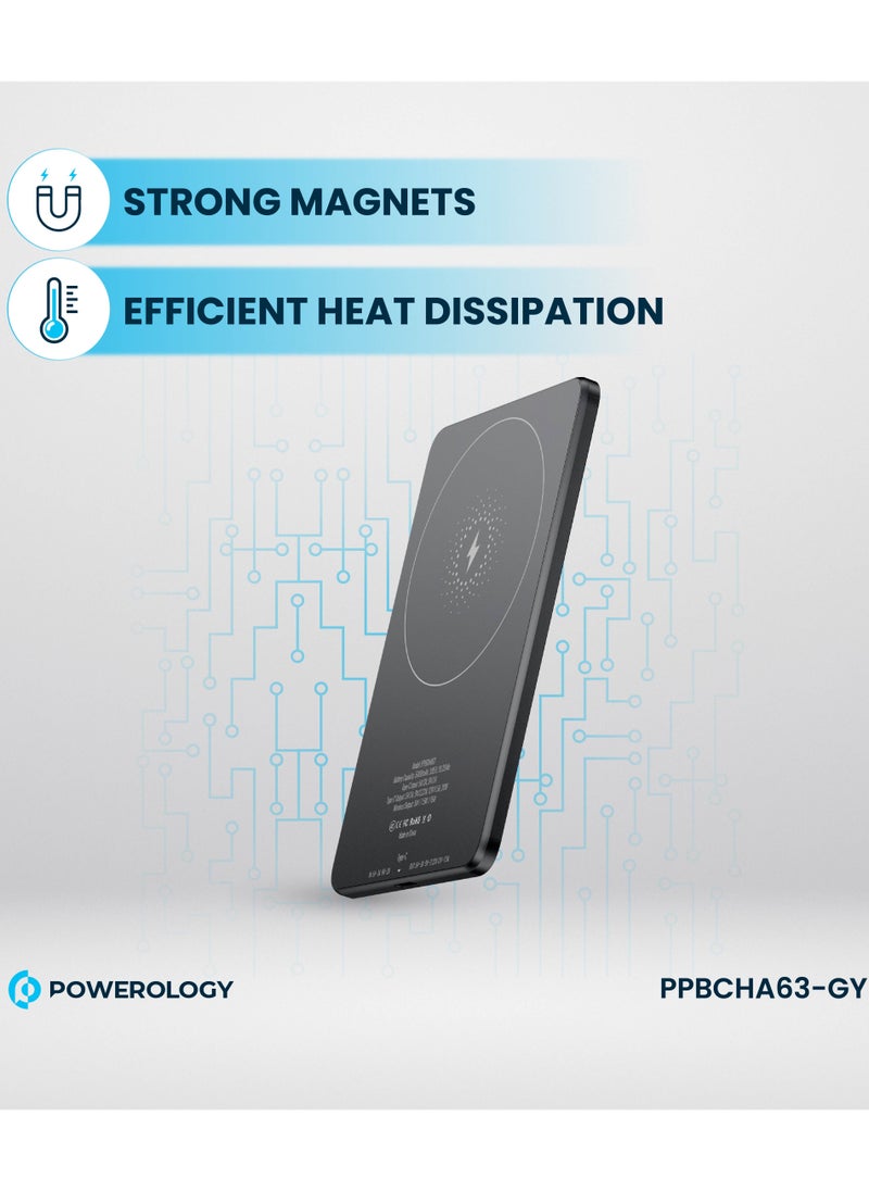 Powerology - Ultra-Thin 5000mAh Magsafe Power Bank /15W Wireless Charger Portable Powerbank 5000 mAh/20W Type-C Charging/ Built-in Safeguards / Strong Magnets / Fast Charging / Type-C In/Out - Grey - Image 1