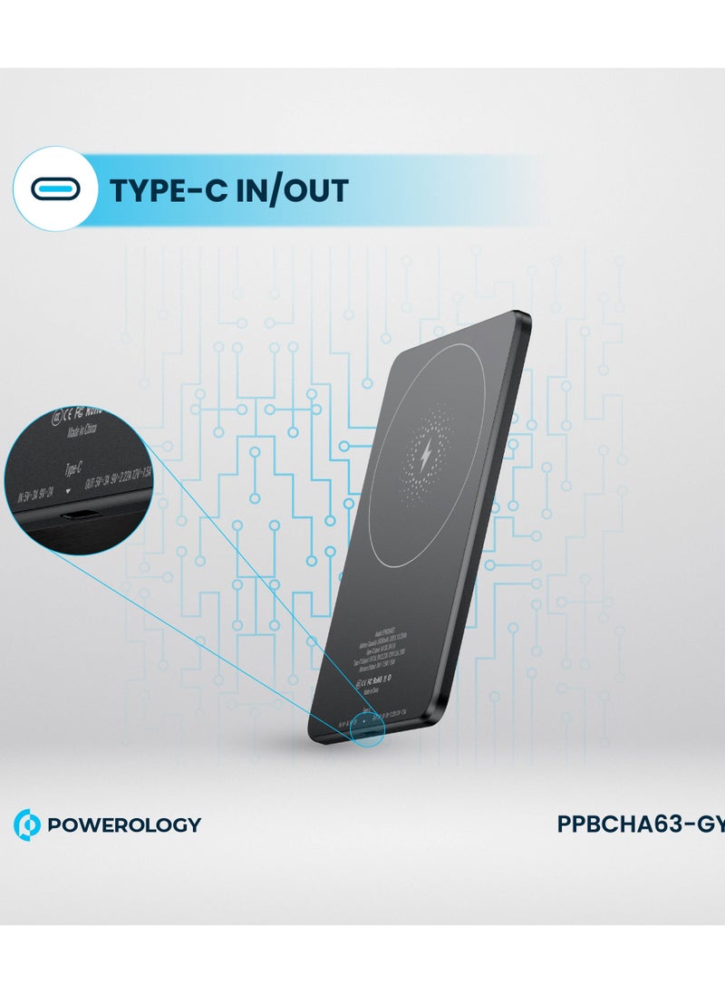 Powerology - Ultra-Thin 5000mAh Magsafe Power Bank /15W Wireless Charger Portable Powerbank 5000 mAh/20W Type-C Charging/ Built-in Safeguards / Strong Magnets / Fast Charging / Type-C In/Out - Grey - Image 1