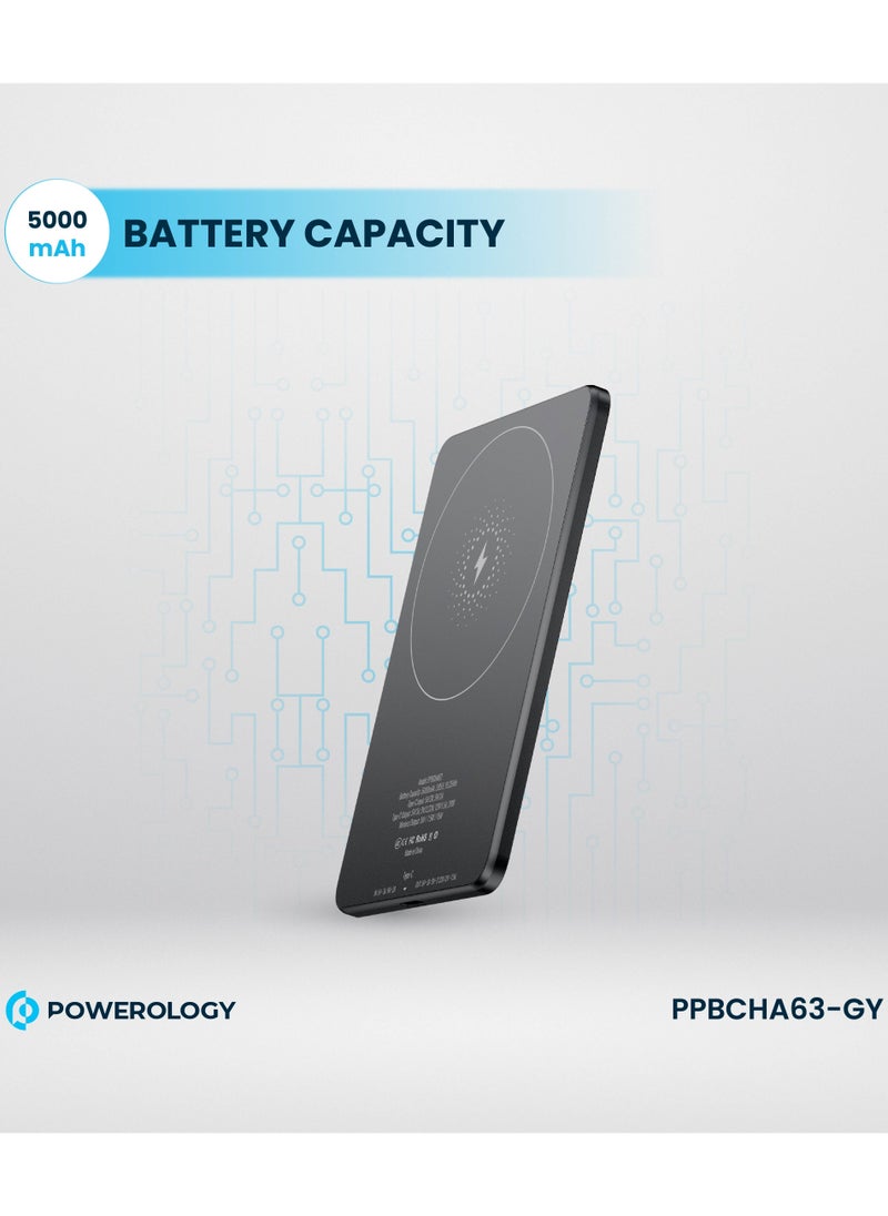 Powerology - Ultra-Thin 5000mAh Magsafe Power Bank /15W Wireless Charger Portable Powerbank 5000 mAh/20W Type-C Charging/ Built-in Safeguards / Strong Magnets / Fast Charging / Type-C In/Out - Grey - Image 1