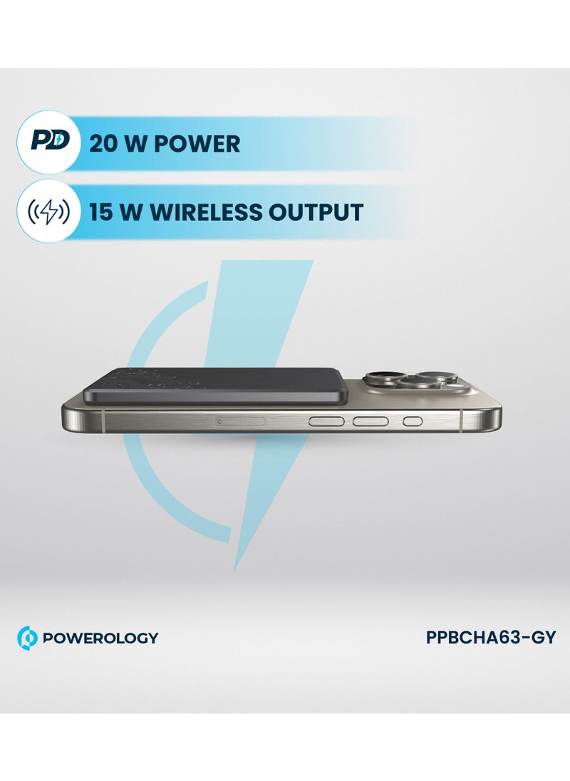 Powerology - Ultra-Thin 5000mAh Magsafe Power Bank /15W Wireless Charger Portable Powerbank 5000 mAh/20W Type-C Charging/ Built-in Safeguards / Strong Magnets / Fast Charging / Type-C In/Out - Grey - Image 1