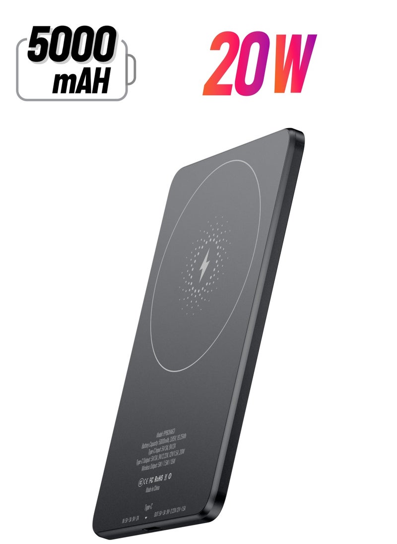 Powerology - Ultra-Thin 5000mAh Magsafe Power Bank /15W Wireless Charger Portable Powerbank 5000 mAh/20W Type-C Charging/ Built-in Safeguards / Strong Magnets / Fast Charging / Type-C In/Out - Grey - Image 1